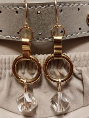 Goldtone Drop Hoop Earrings with Clear Dangles